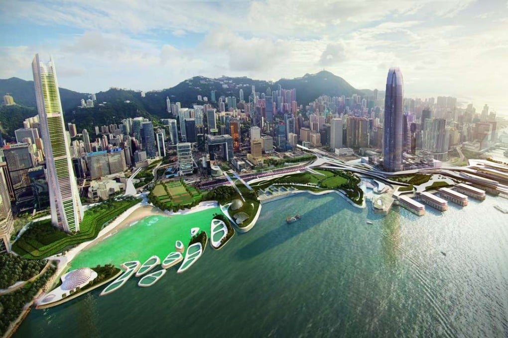 A concept of the Vertical Farm Centre at the Central waterfront, featuring an artificial beach protected islets featuring artificial coral reefs that can purify the harbour’s water. Photo: Handout