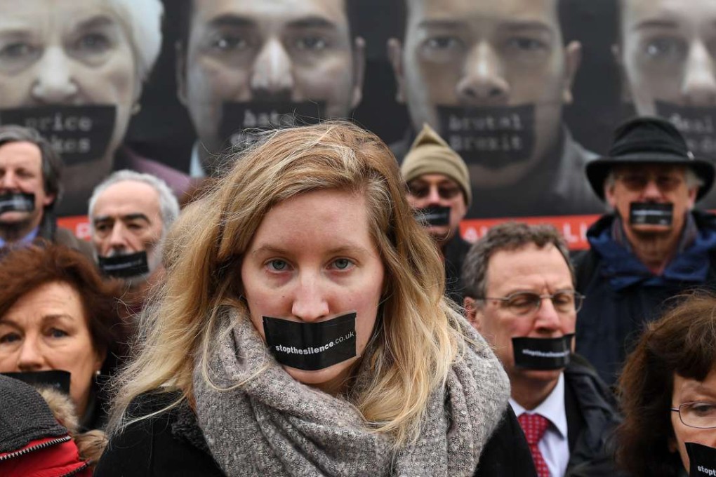Ant-Brexit campaigners launch a nationwide poster campaign outside the UK Parliament in London on Monday, calling for the House of Lords to make amendments to the Article 50 bill and for the public to speak out over the government’s so-called hard Brexit policy. Photo: EPA