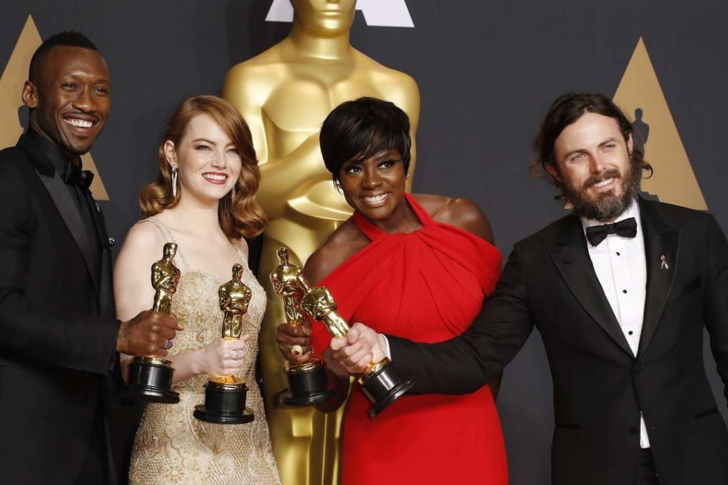 Oscar winners Mahershala Ali, for best supporting actor in Moonlight, Emma Stone, for best actress in La La Land, Viola Davis, for best supporting actress in Fences and Casey Affleck, for best supporting actor in Manchester by the Sea. Only one of the four films was backed by a major studio. Photo: EPA