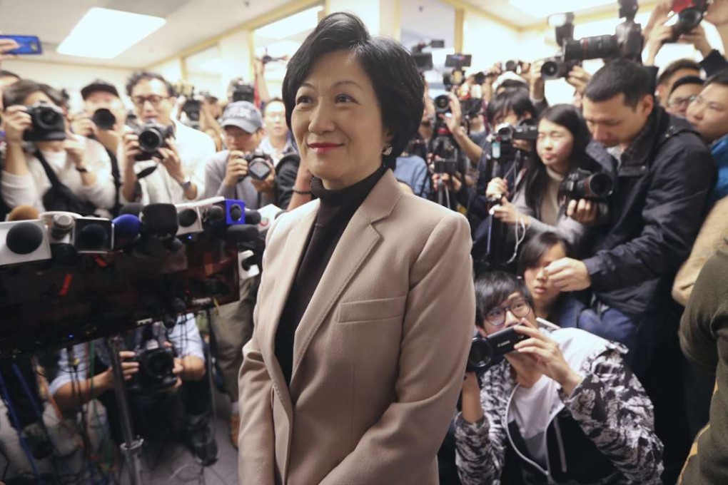 Ip puts on a brave face in her campaign office after giving up her bid to be the next chief executive. Photo: Edward Wong