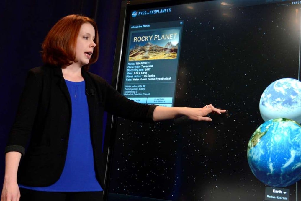 Space Telescope Science Institute astronomer Nikole Lewis uses a graphic to compare the size of Earth (bottom) with a recent discovery of an exoplanet, during a news conference to present new findings on exoplanets found orbiting Trappist–1. Photo: Reuters