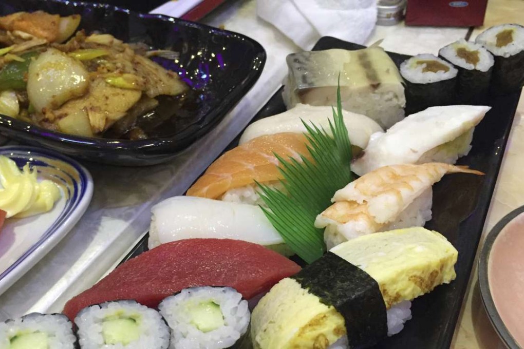 A sushi set is displayed on a table at the restaurant of Japanese sushi chef Kenji Fujimoto in Pyongyang. Photo: AP