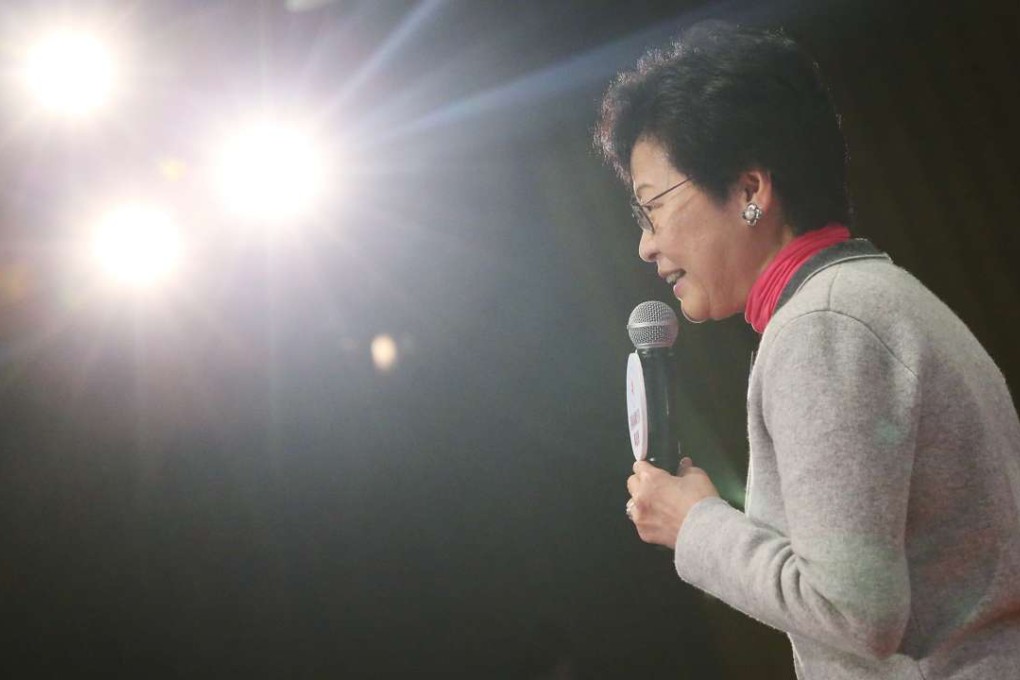 Chief Executive candidate Carrie Lam attends a seminar last week. Beijing considers the chief executive race to be a battle over jurisdiction of the city and wants zero risk in the jockeying for the top job. Photo: K. Y. Cheng