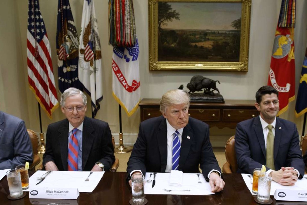 US President Donald Trump hosts a meeting with the House and Senate leadership in the White House on March 1. Among the attendees are (from left) House Republican leader Kevin McCarthy, Senate Republican leader Mitch McConnell and House Speaker Paul Ryan. Photo: AP