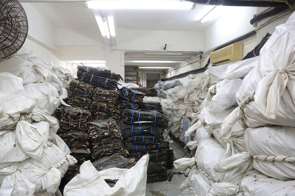 A warehouse in Hong Kong holds a large shipment of shark fins. Photo: Gary Stokes/Sea Shepherd Global