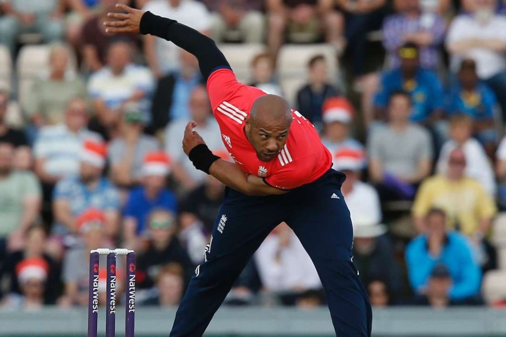 Tymal Mills bowls for England against Sri Lanka in a T20 match in Southampton. Photo: AFP
