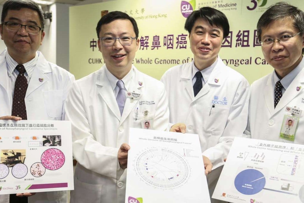 From left: Lo Kwok-wai, Anthony Chan, To Ka-fai and and Edwin Hui Pun show their findings during a press conference on nasopharyngeal. Photo: Xiaomei Chen