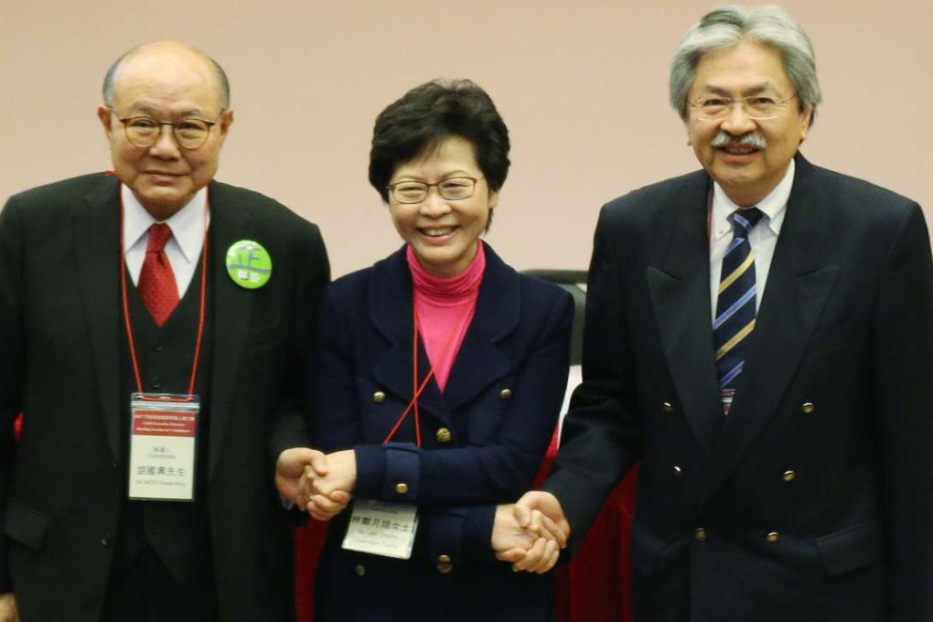 (L to R) Chief Executive candidates Woo Kwok-hing, Carrie Lam Cheng Yuet-ngor and John Tsang Chun-wah attend an election briefing session for candidates in Mong Kok. Photo: Felix Wong