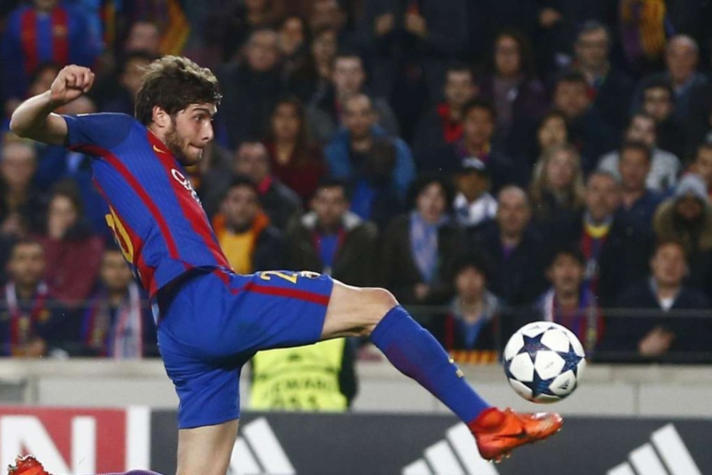 Barcelona's midfielder Sergi Roberto scores the winner in the 6-1 miracle win over Paris Saint-Germain at Camp Nou stadium in Barcelona. Photo: EPA