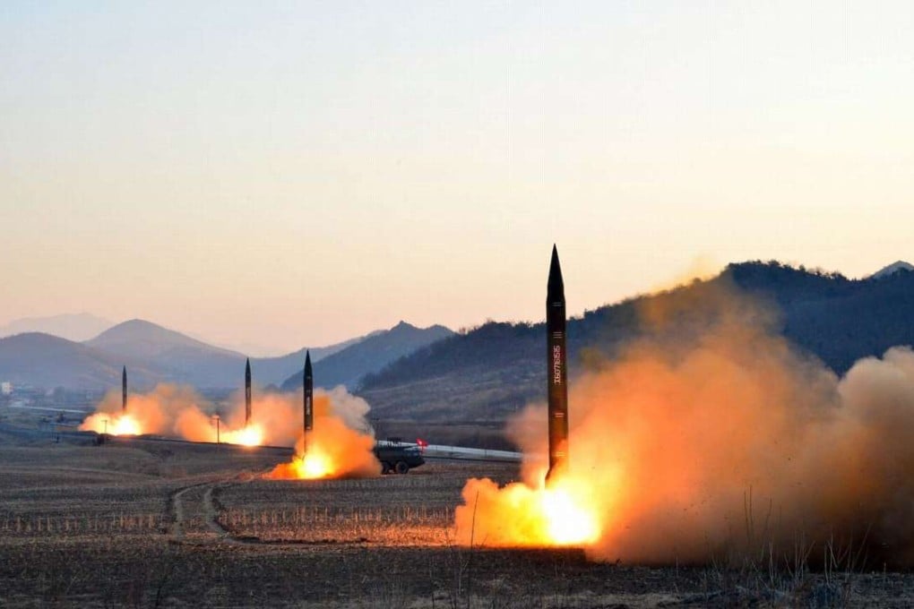An undated picture released by North Korea's Korean Central News Agency on Tuesday shows the launch of four ballistic missiles during a military drill at an undisclosed location in North Korea. Photo: AFP