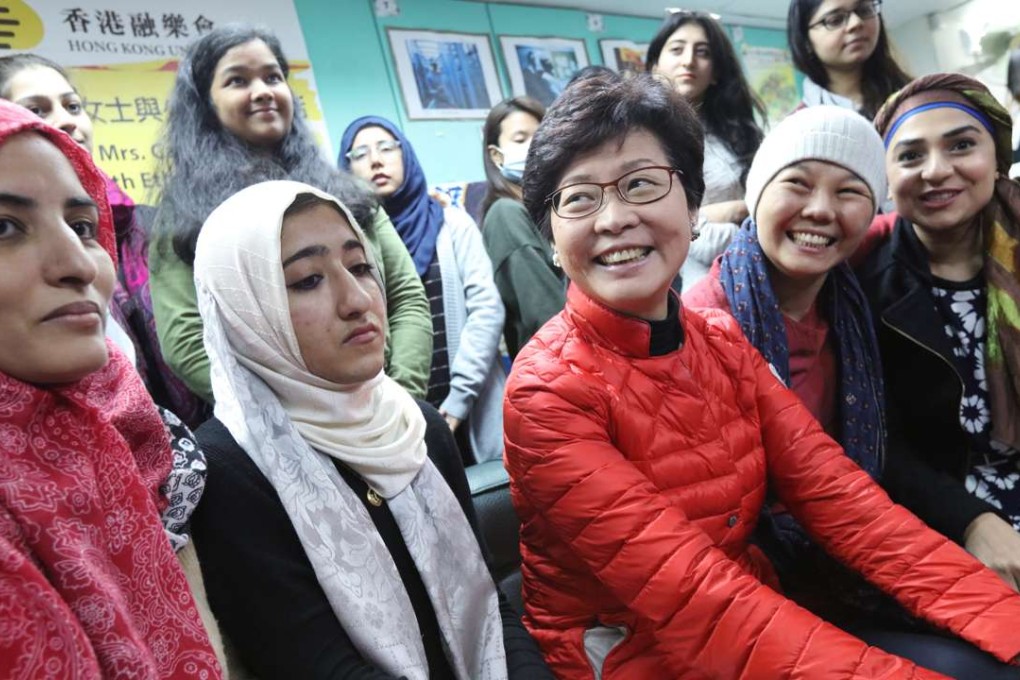 Chief executive candidate Carrie Lam Cheng Yuet-ngor meets members of the non-ethnic-Chinese community to understand their difficulties, at Hong Kong Unison in Tai Kok Tsui on February 18. Photo: Felix Wong