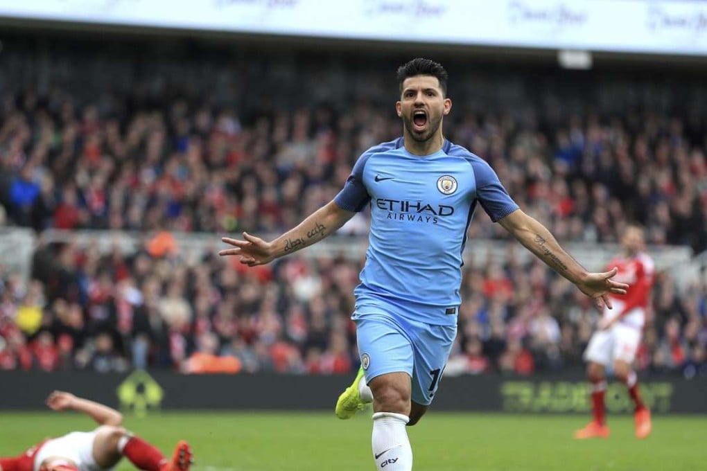 Manchester City's Sergio Aguero celebrates scoring his side's second goal of the game. Photo: AP