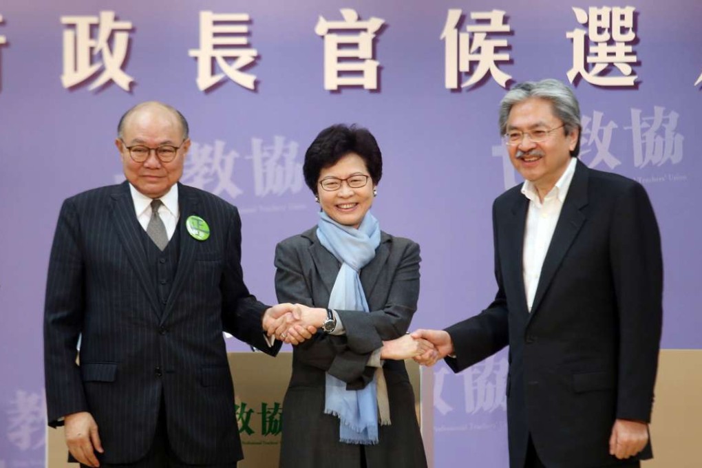 Chief executive candidates retired judge Woo Kwok-hing (left,; Carrie Lam Cheng Yuet-ngor and John Tsang Chun-wah at the 2017 CE Election forum hosted by HK Professional Teachers' Union. Photo: David Wong