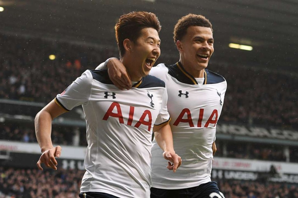 Tottenham Hotspur’s Son Heung-Ming celebrates scoring a goal with teammate Dele Alli against Millwall in the English FA cup quarter-finals. Photo: EPA