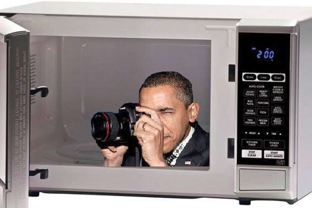 Trump adviser Kellyanne Conway's suggestion that microwave ovens could be used as spy cameras was widely mocked on social media, including via this montage depicting an Obama surveillance microwave in action. Photo: Twitter / @VoxHumanaMedia
