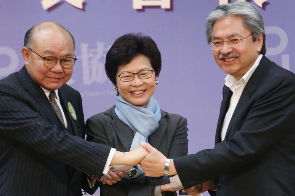 (From left) Chief executive candidates Woo Kwok-hing, Carrie Lam Cheng Yuet-ngor and John Tsang Chun-wah at a forum last Sunday. Photo: David Wong