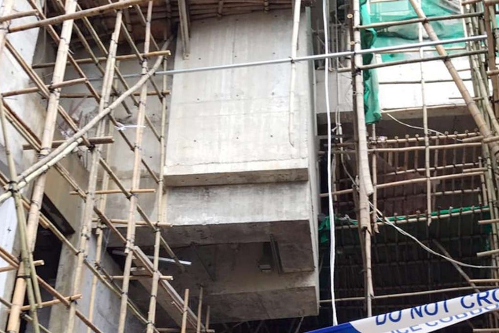 A residential building construction site in Ma On Shan, where a worker on the sixth floor died when he was hit as two colleagues fell from the eighth-floor bamboo scaffolding, on March 8. The number of construction workers falling to their deaths in Hong Kong hit a 10-year high in 2014. Photo: Handout