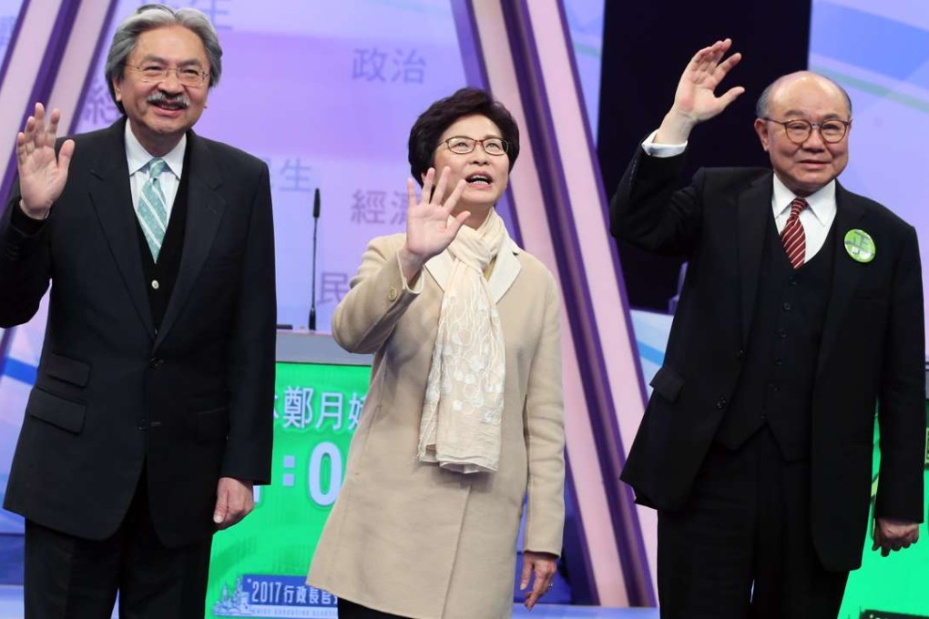 John Tsang, Carrie Lam and Woo Kwok-hing on the debate stage at TVB City in Tseung Kwan O. Photo: K. Y. Cheng