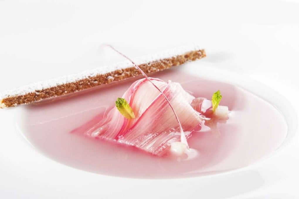 Rhubarb ravioli filled with yoghurt and ginger in lychee and rose juice from Angelini.
