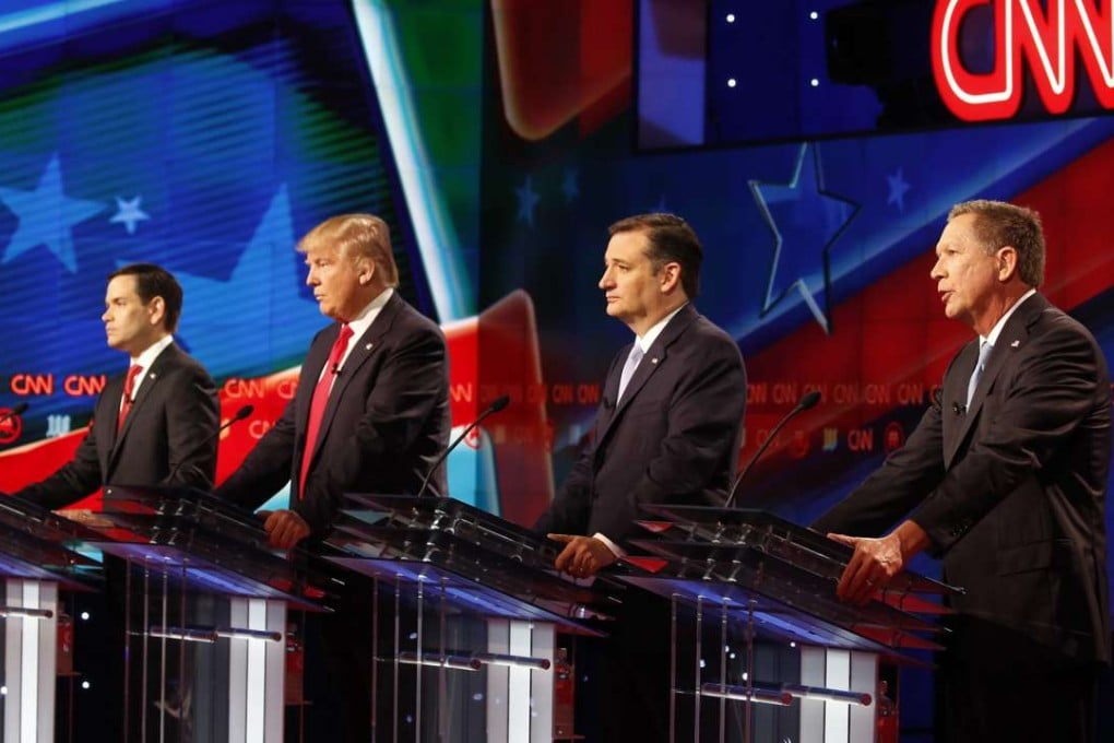 Donald Trump with rival candidates Marco Rubio, Ted Cruz and John Kasich at a Republican Party primary debate in Miami. Photo: EPA