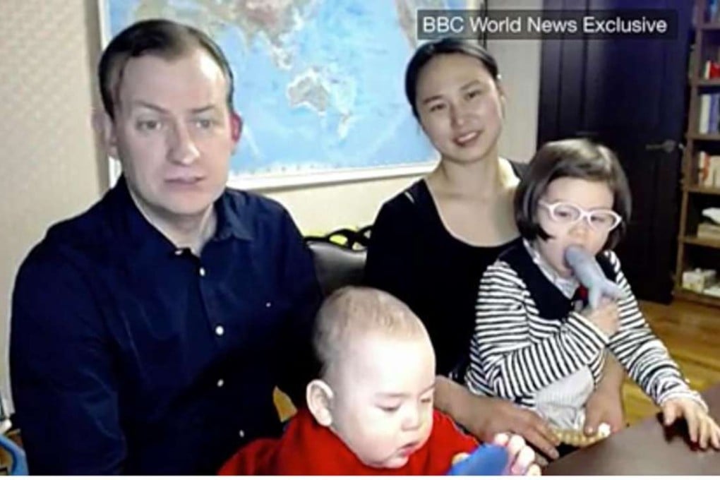 Robert Kelly with wife Kim Jung-a and their two scene-stealing children, Marion and baby James, at home in Busan, South Korea. Photo: BBC World