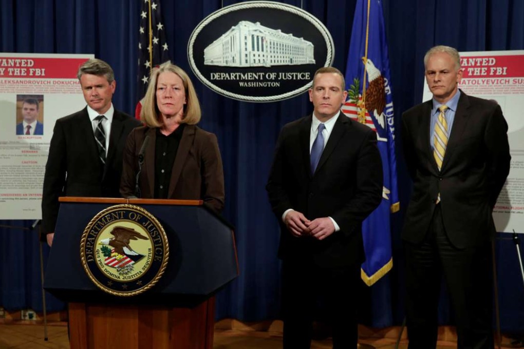 Mary McCord, acting US assistant attorney general for national security announcing in a news conference the indictment of suspected hackers, including a pair of Russian intelligence agents, in the data breach at Yahoo. Photo: Reuters
