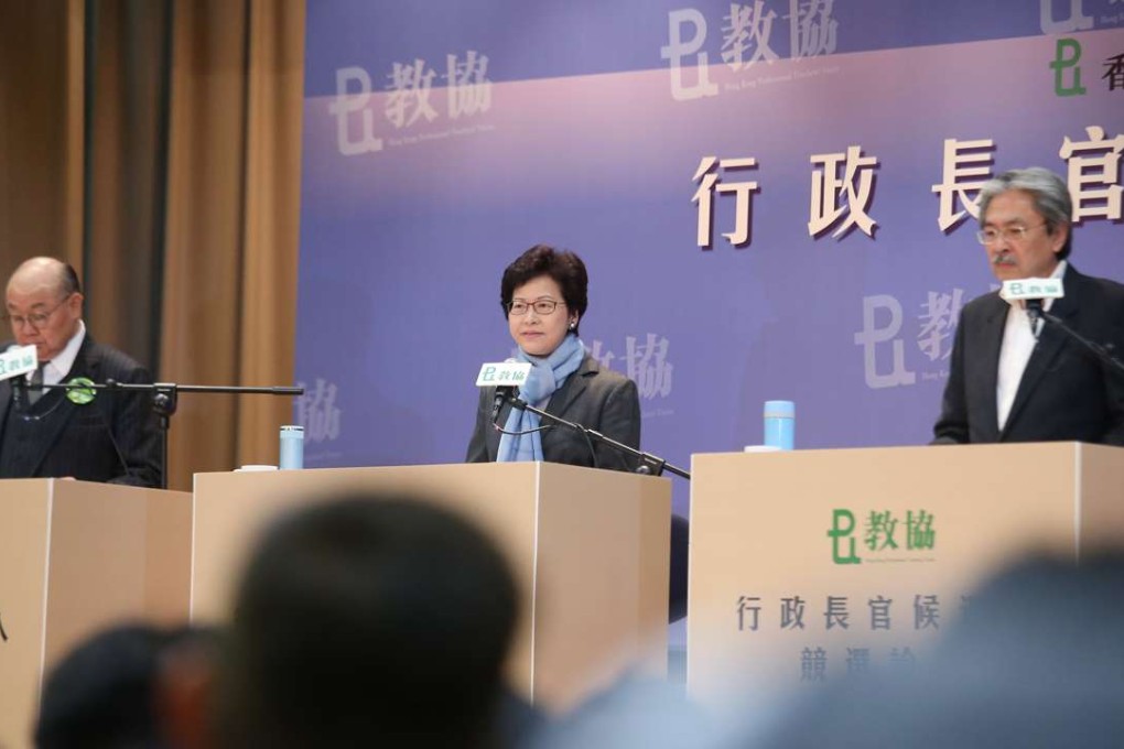 (L to R) Chief Executive candidates Woo Kwok-hing, Carrie Lam Cheng Yuet-ngor, and John Tsang Chun-wah, participate in a debate at the TVB City in Tseung Kwan O. Photo: David Wong