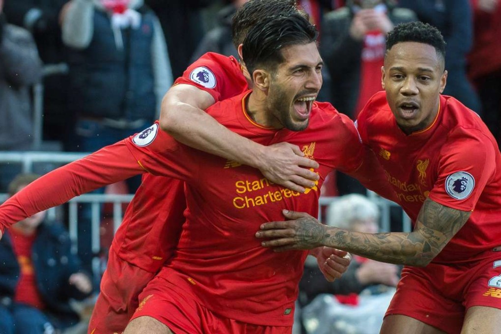 Liverpool's Emre Can (centre) celebrates scoring against Burnley with teammates Adam Lallana (left) and Nathaniel Clyne. Photo: EPA