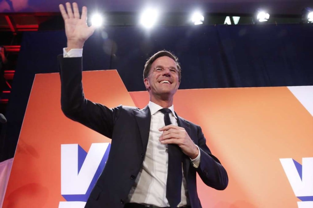 Dutch Prime Minister Mark Rutte during election night for his liberal rightist party VVD in The Hague. Photo: Xinhua