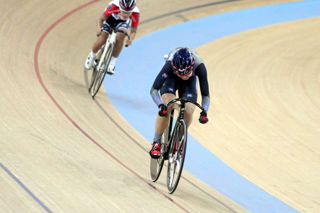 Ma Wing-yu leads Li Yin-yin during the women's sprint final at the National Cycling Championships. Photos: Handout