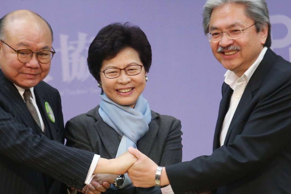 (From left) Chief Executive candidates Woo Kwok-hing, Carrie Lam Cheng Yuet-ngor and John Tsang Chun-wah will trade blows on stage for a third time. Photo: David Wong