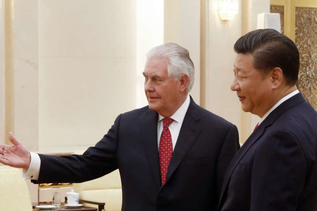 US Secretary of State Rex Tillerson with Xi Jinping at the Great Hall of the People in Beijing on Sunday. Photo: AP