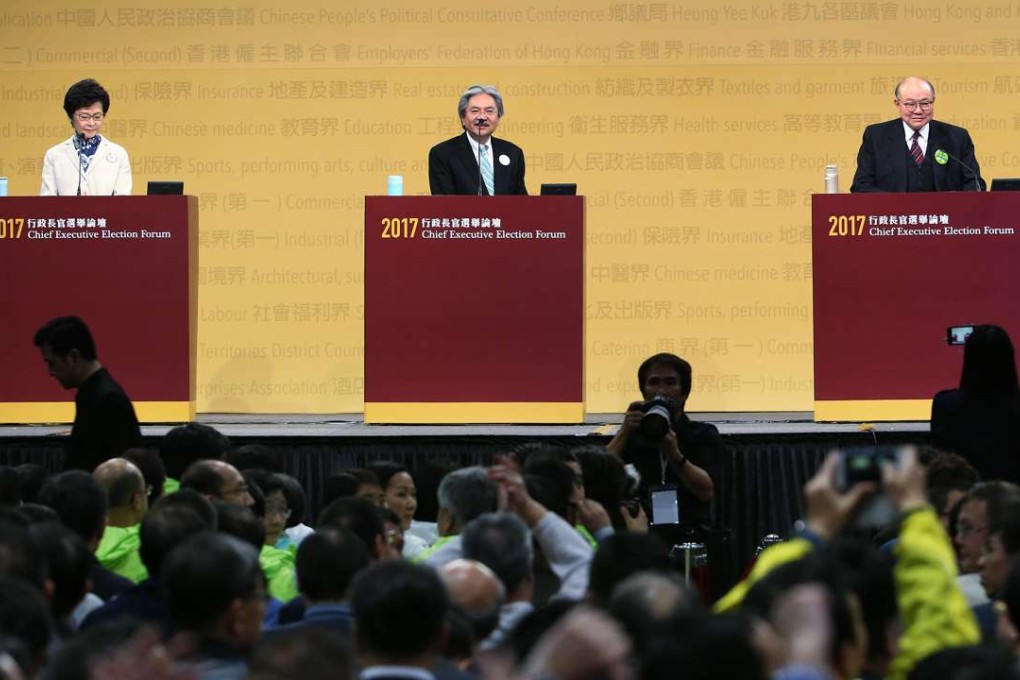 Chief executive candidates (L to R) Carrie Lam Cheng Yuet-ngor, John Tsang Chun-wah and Woo Kwok-hing take part in the final leadership debate. SCMP: David Wong