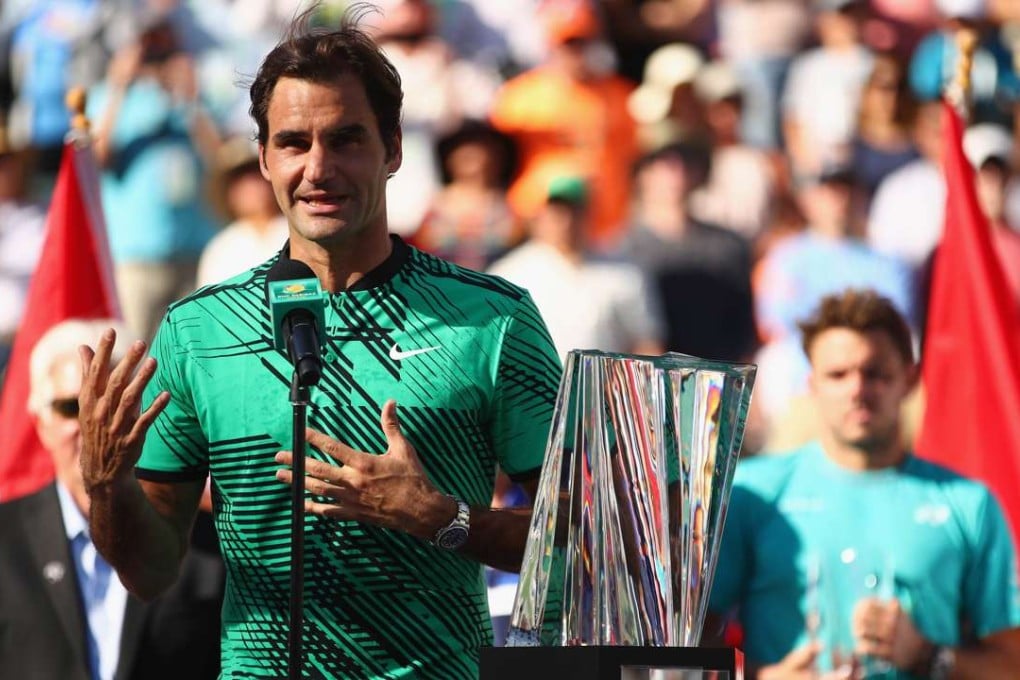 Roger Federer makes his winners speech after his straight sets victory against Stanislas Wawrinka in the final of the BNP Paribas Open at Indian Wells. Photo: AFP
