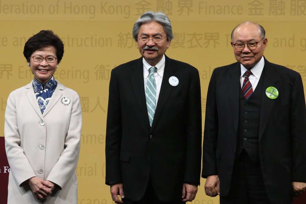 Chief executive candidates Carrie Lam, John Tsang and Woo Kwok-hing line up before the debate. Photo: David Wong