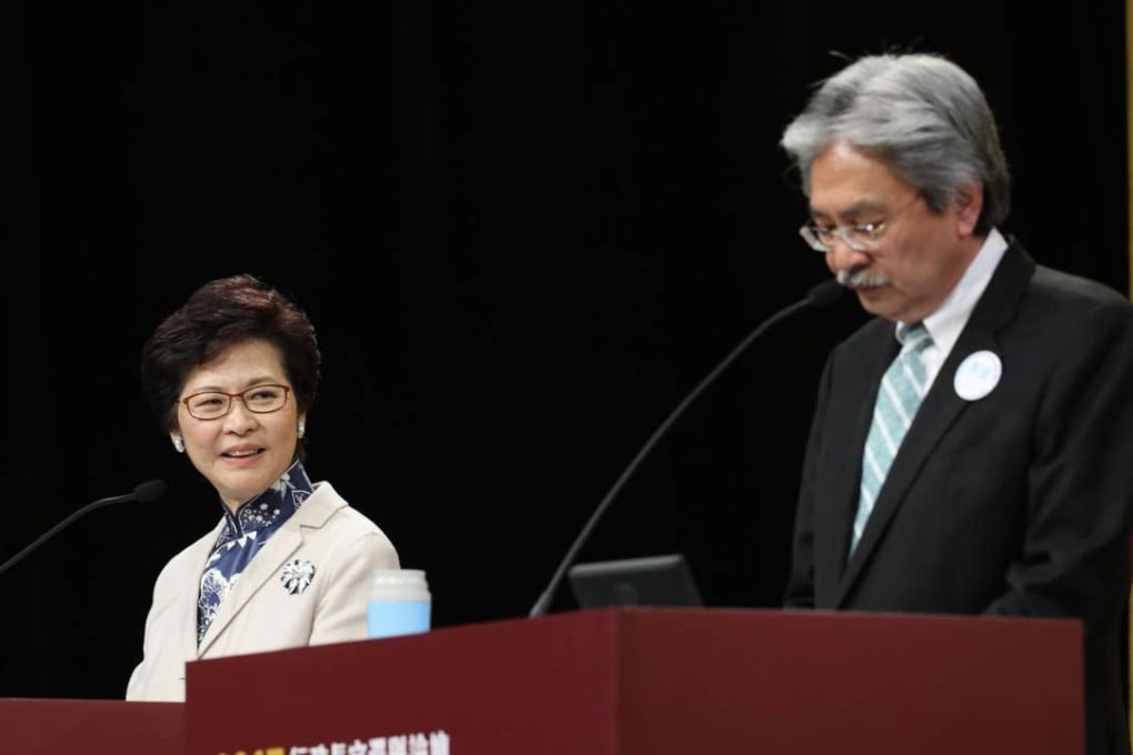 Chief Executive candidates Carrie Lam Cheng Yuet-ngor and John Tsang Chun-wah attend 2017 Chief Executive Election Forum at Asia World-Expo. Photo: Handout