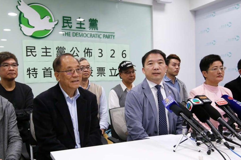 (From left) Pan-democrat voters Roy Kwong Chun-yu, Dr Yeung Sum, Wu Chi-wai, Helena Wong Pik-wan and James To Kun-sun announce their choice at a press conference. Photo: Edward Wong