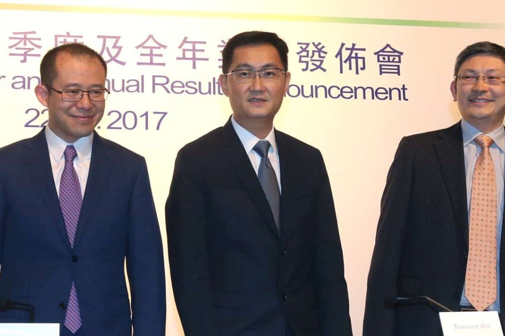Tencent executives at the annual results announcement on Wednesday. From left, president Martin Lau, chairman and CEO Pony Ma and chief financial officer John Lo. Photo: David Wong