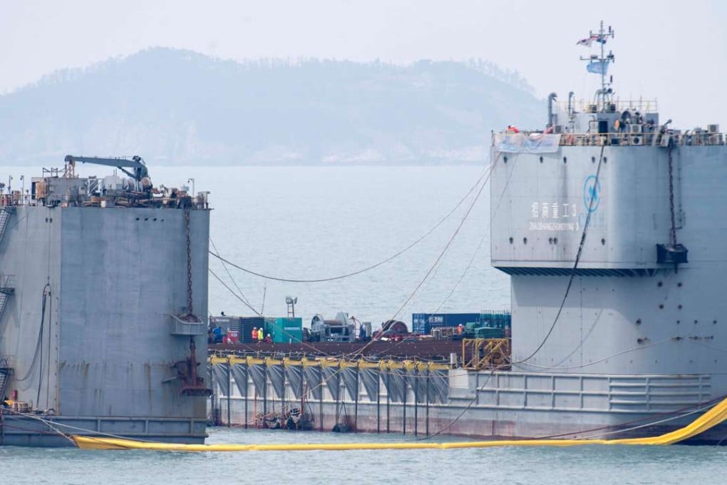 Barges being used in the salvage operation to raise the sunken Sewol ferry. Photo: Reuters