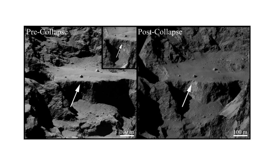 The Aswan cliff on Comet 67P pre- and post-collapse. Photo: ESA, Rosetta, MPS for OSIRIS Team MPS, UPD, LAM, IAA, SSO, INTA, UPM, DASP, IDA.