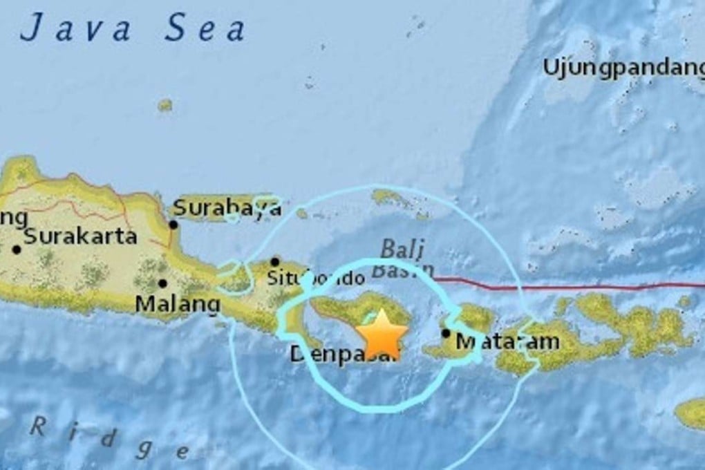 The 5.5-magnitude quake struck inland about 10 kilometres northeast of the Balinese capital, Denpasar, and not far from the concentration of holiday resorts in the south of the island. Photo: USGS