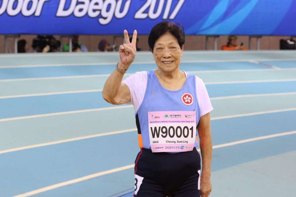 Hong Kong athlete Cheung Suet-ling celebrates after claiming a gold medal in the under-90s 60 metre event. Photos: Hong Kong Sports Press Association