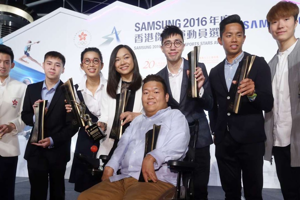 Winners of Hong Kong Sports Stars (left to right)Wong Chun-ting, Tang Wai-lok, Ng On-yee, Sarah Lee Wai-sze, Mak Cheuk-yin, Michael Cheng Chun-leung, Cheung Ka-long and Leung Yuk-wing (front). Photo: K. Y. Cheng