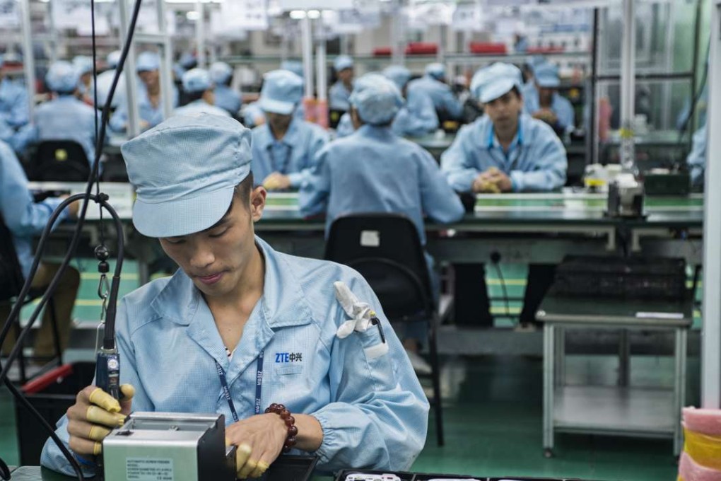 First assembly area of ZTE's final production line in Shenzhen where mobile phones for other brands are being produced. ZTE also makes children's phones for Japan. Photo: SCMP