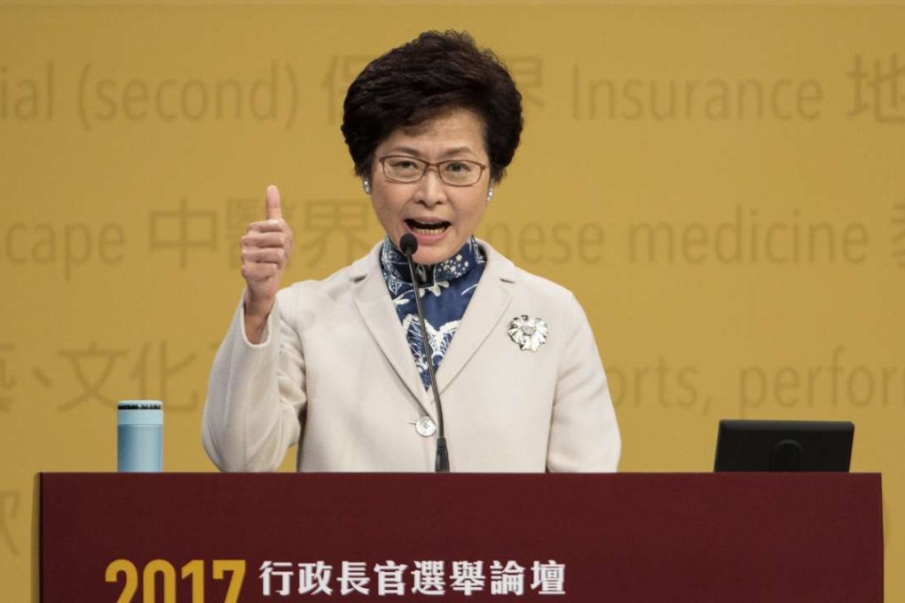 Hong Kong Chief Executive candidate Carrie Lam speaks a debate with the two other candidates in Hong Kong. EPA/JEROME FAVRE