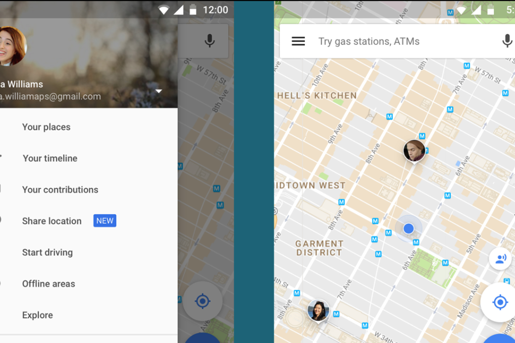 The new Google Maps menu screen, as well as an example of what the app looks like when two people are sharing their location. Photo: Google