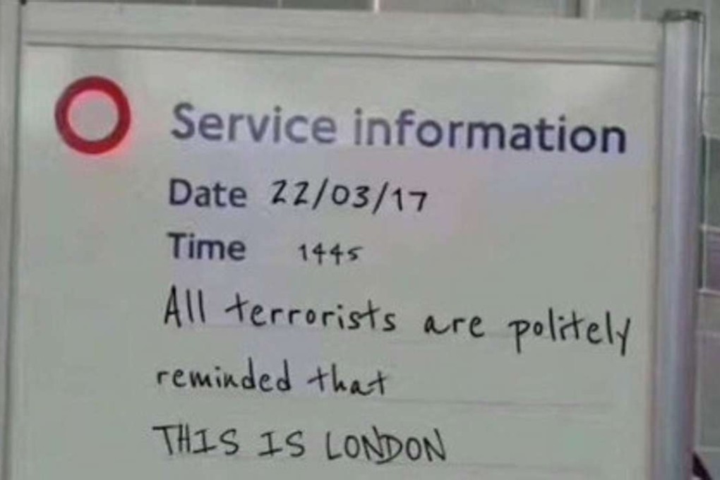 This defiant message that supposedly was posted on a London Underground whiteboard is actually a computer-generated fake. Photo: Twitter