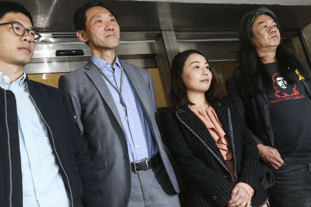 The incumbent government has asked that lawmakers (from left) Nathan Law Kwun-chung, Edward Yiu Chung-yim, Lau Siu-lai and Leung Kwok-hung be unseated over their allegedly “theatrical” oaths carrying political messages, last October 12. The four are pictured at the High Court in Admiralty on February 20. Photo: K. Y. Cheng