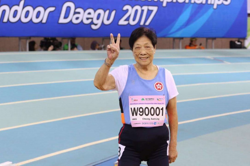 Hong Kong athlete Cheung Suet-ling celebrates after claiming a gold medal in the under-90s 60 metre event. Photos: Hong Kong Sports Press Association