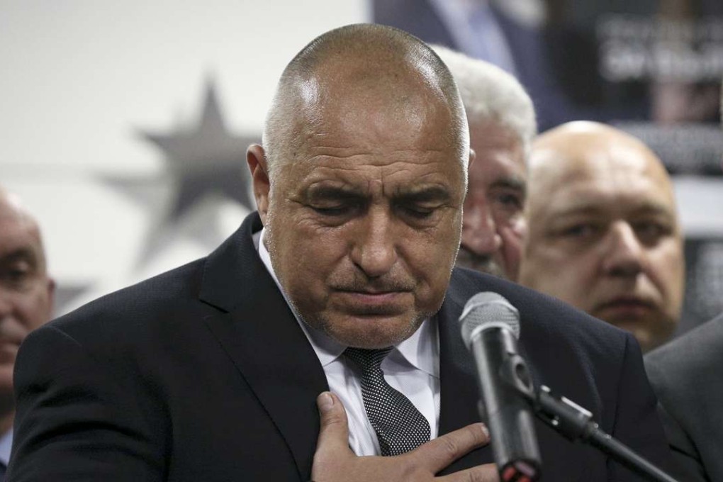 Former Bulgarian prime minister and leader of centre-right GERB party Boyko Borisov gestures during a news conference at the party's headquarters in Sofia. Photo: Reuters
